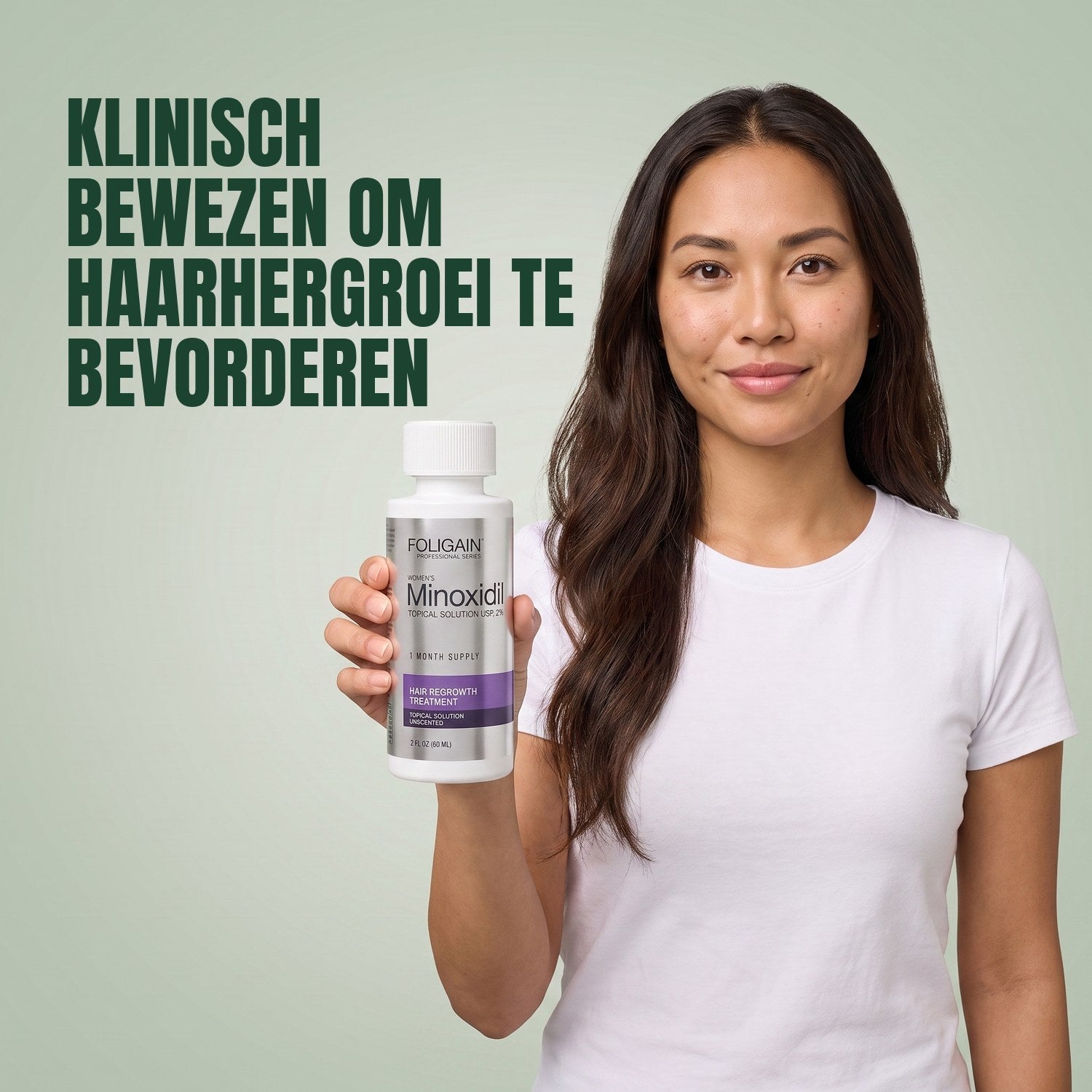 Woman holding the Foligain Minoxidil 2% lotion bottle for women against a green background