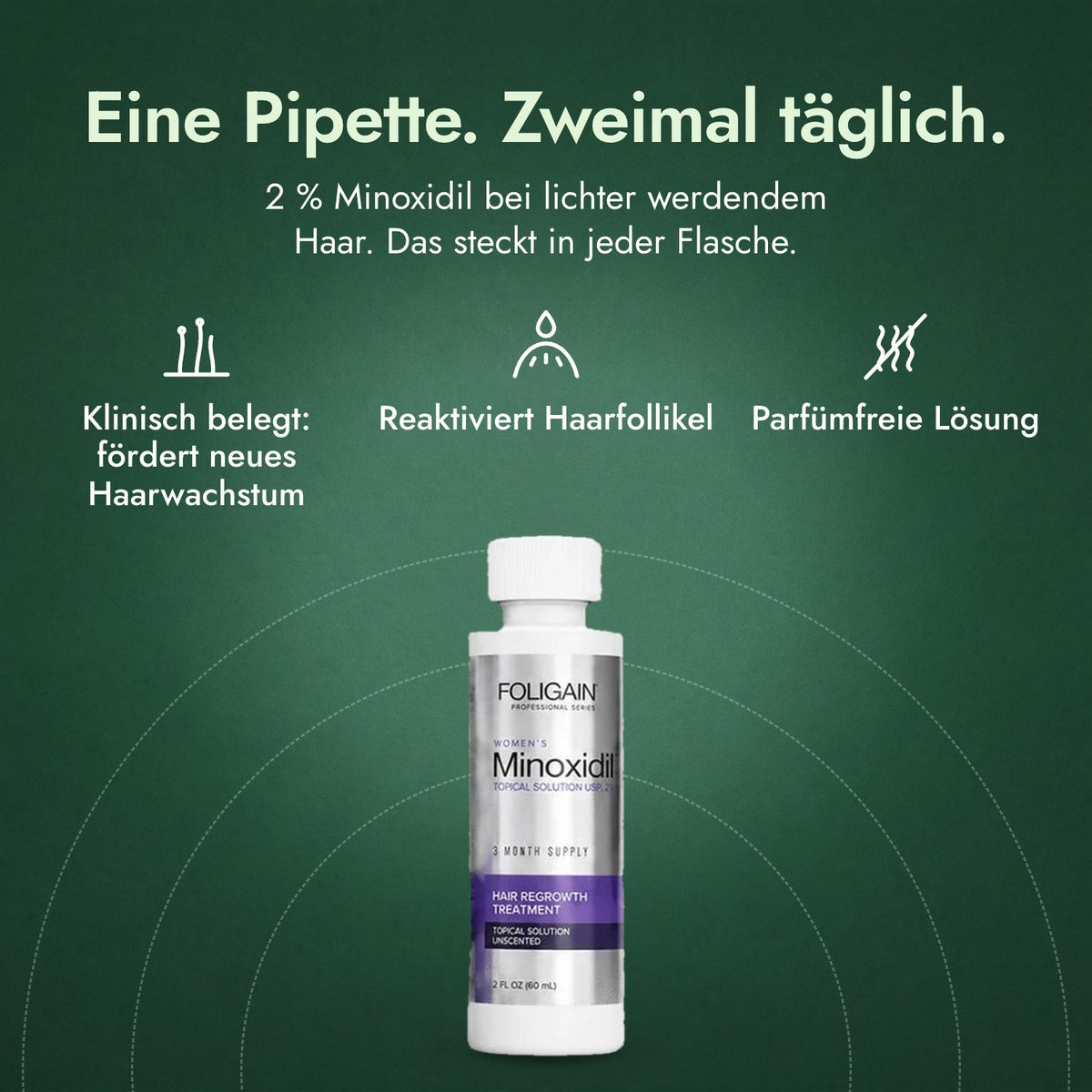 Foligain Minoxidil 2 % für Frauen: Eine Pipette. Zweimal täglich. Klinisch belegt: fördert neues Haarwachstum, Reaktiviert Haarfollikel, Parfümfreie Lösung