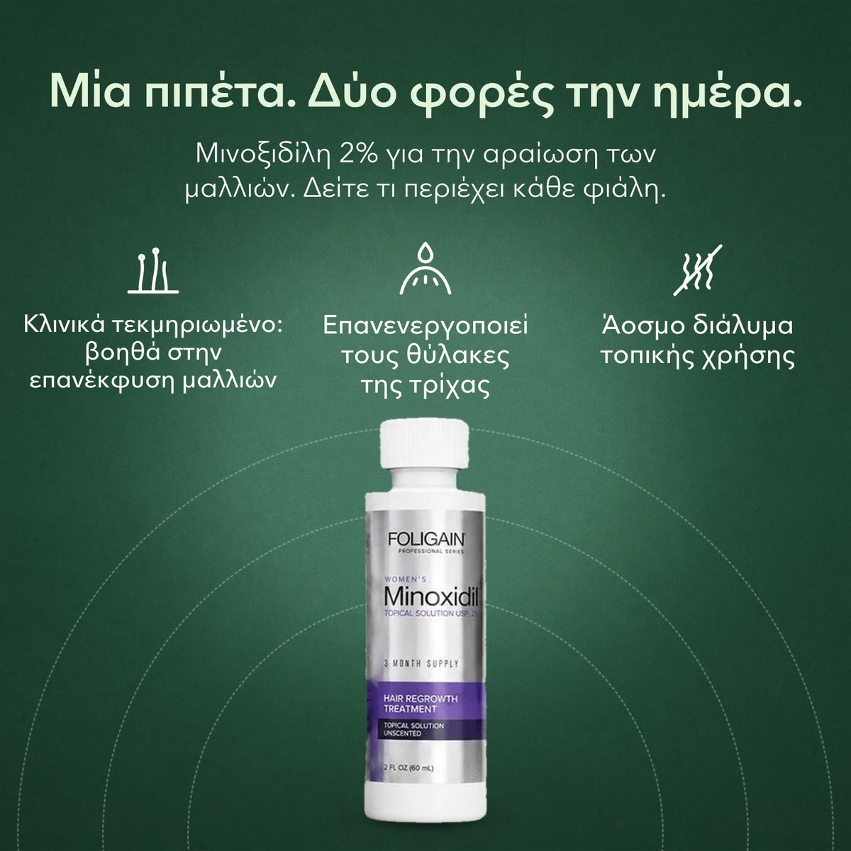 Foligain μινοξιδίλη 2% για γυναίκες: Μία πιπέτα. Δύο φορές την ημέρα. Κλινικά τεκμηριωμένο: βοηθά στην επανέκφυση μαλλιών, Επανενεργοποιεί τους θύλακες της τρίχας, Άοσμο διάλυμα τοπικής χρήσης