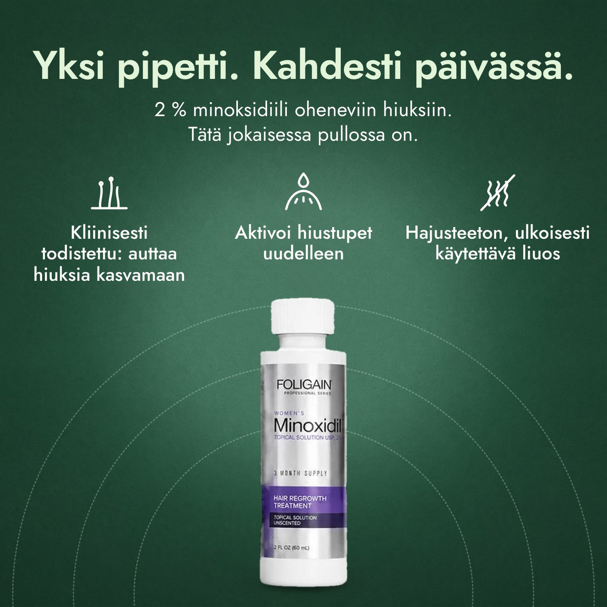 Foligain minoksidiili 2 % naisille: Yksi pipetti. Kahdesti päivässä. Kliinisesti todistettu: auttaa hiuksia kasvamaan, Aktivoi hiustupet uudelleen, Hajusteeton, ulkoisesti käytettävä liuos