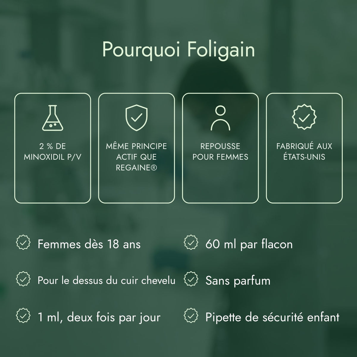 Pourquoi Foligain: 2 % de minoxidil p/v, Même principe actif que Regaine®, Repousse pour femmes, Fabriqué aux États-Unis