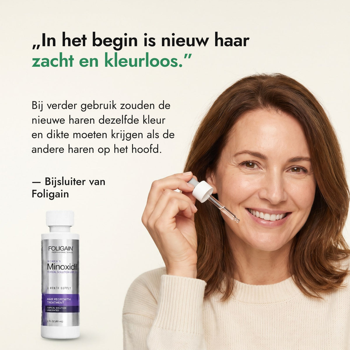 In het begin is nieuw haar zacht en kleurloos. — Bijsluiter van Foligain
