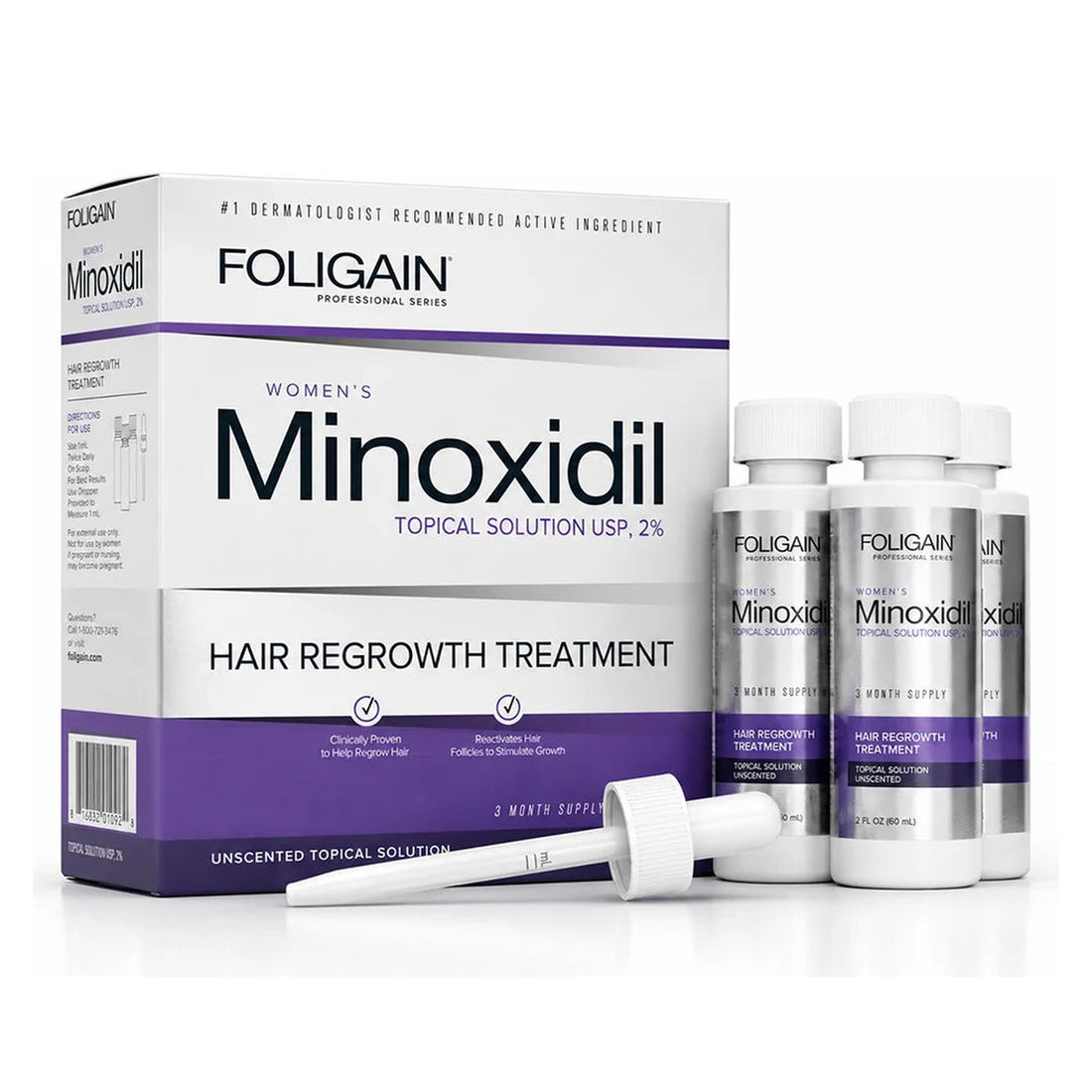 Foligain Minoxidil Lotion 2% for Women 3-month supply box with three 60 ml bottles and dropper