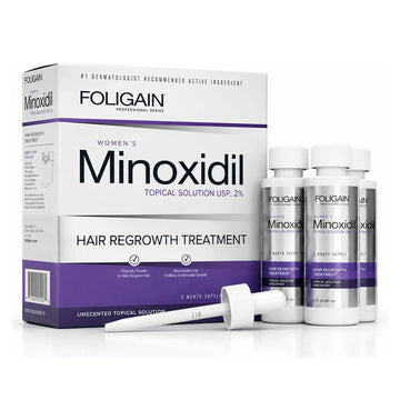 Foligain Minoxidil roztok 2% pro ženy, balení na 3 měsíce se třemi 60ml lahvičkami a kapátkem