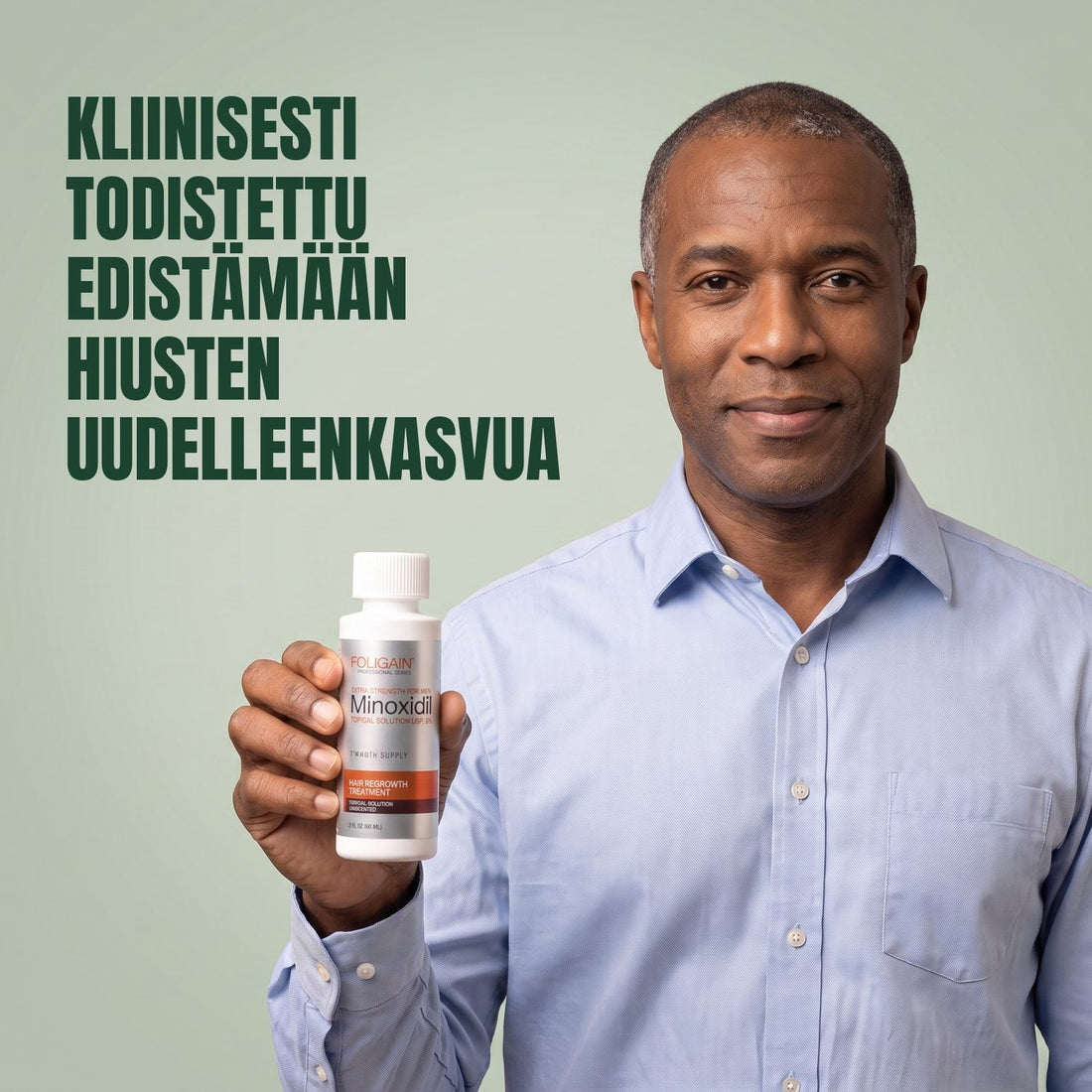 Foligain Minoxidil -liuos 5% miehille - 12 kuukauden pakkaus — tuotepakkaus valkoisella taustalla