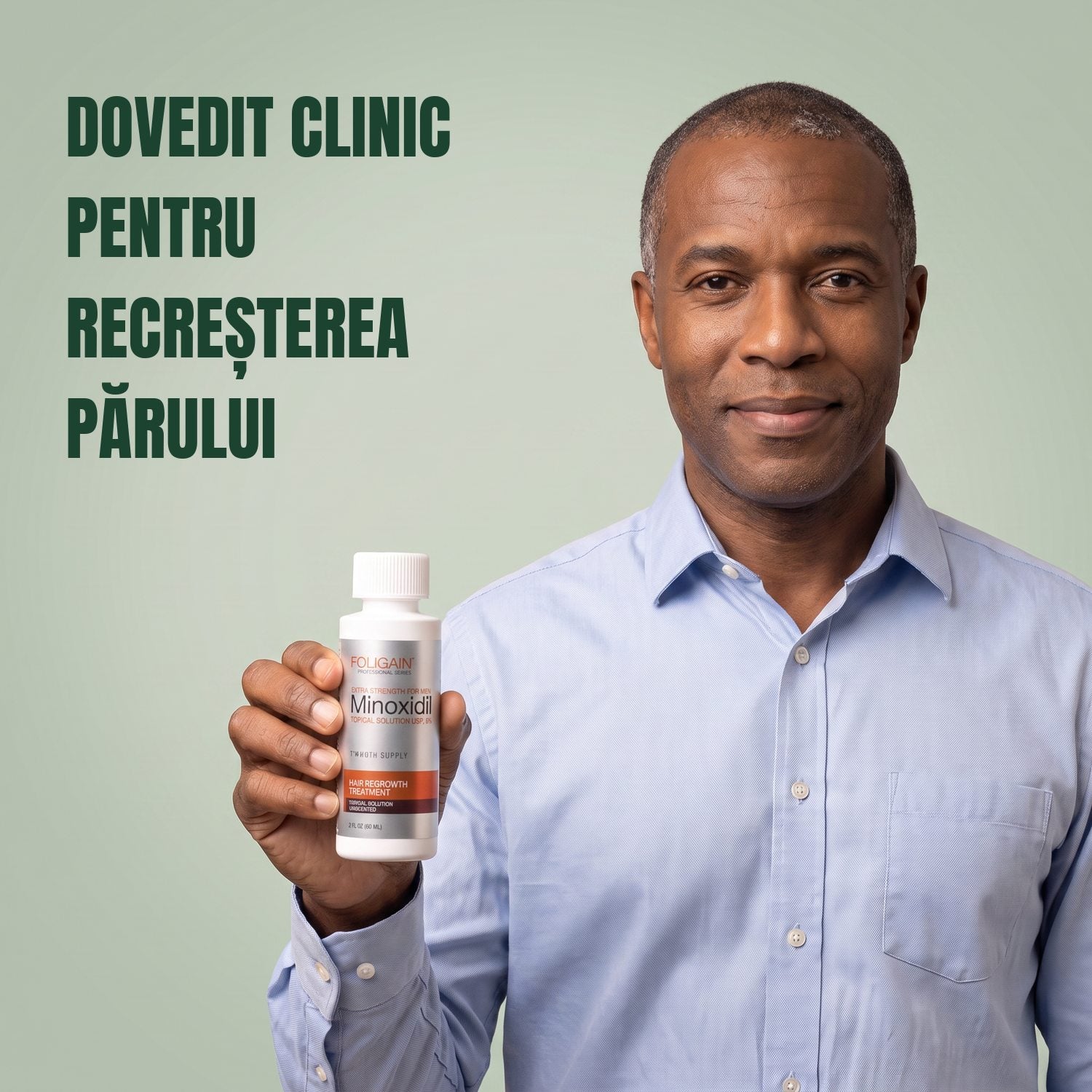 Bărbat ținând în mână flaconul de loțiune Foligain Minoxidil 5% pentru bărbați, pe fundal verde
