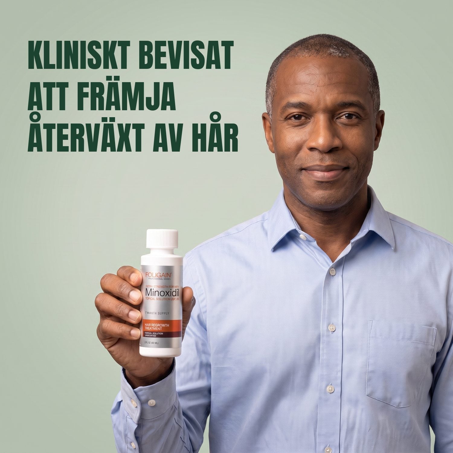 Man holding the Foligain Minoxidil 5% lotion bottle for men against a green background