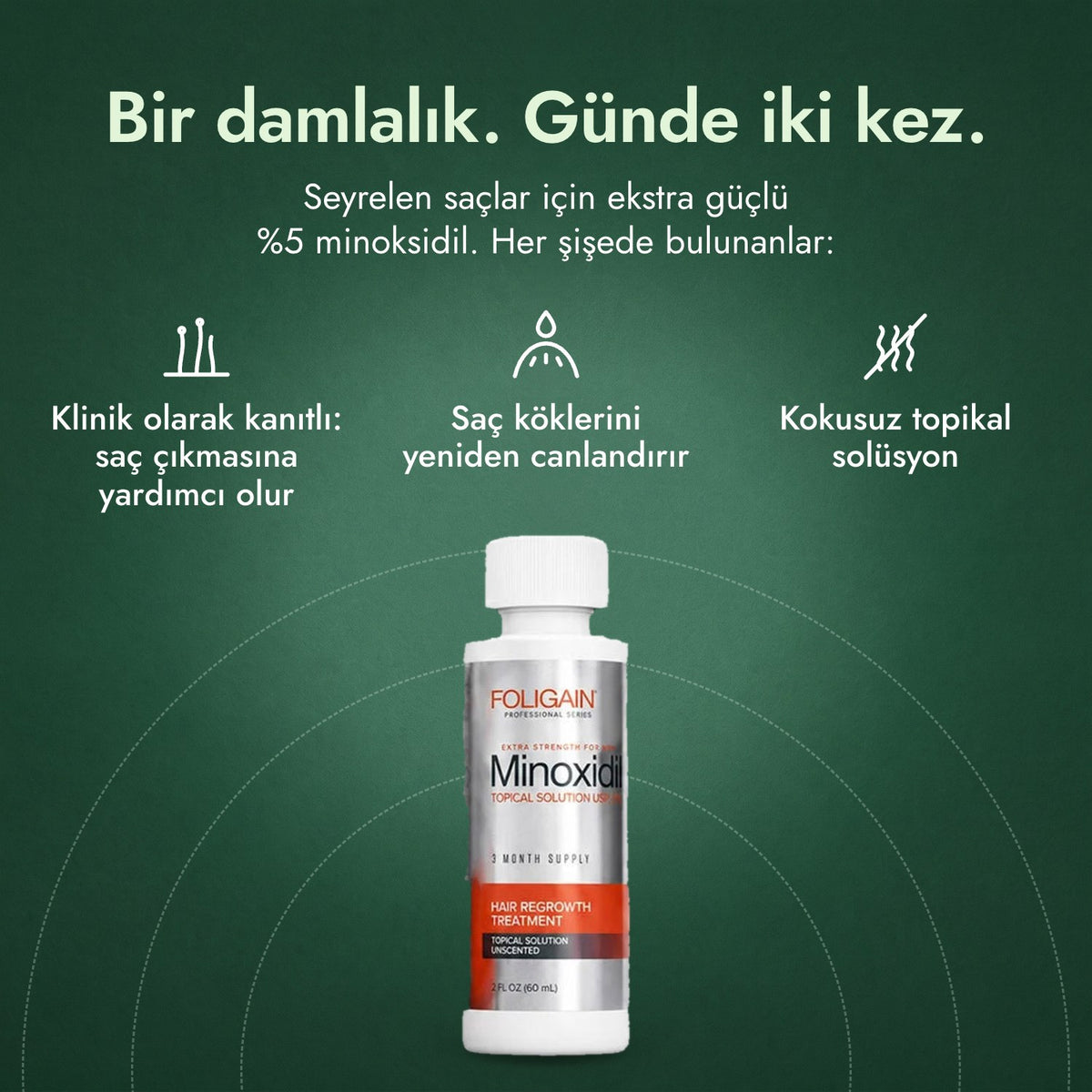 Erkekler için Foligain %5 Minoksidil: Bir damlalık. Günde iki kez. Klinik olarak kanıtlı: saç çıkmasına yardımcı olur, Saç köklerini yeniden canlandırır, Kokusuz topikal solüsyon