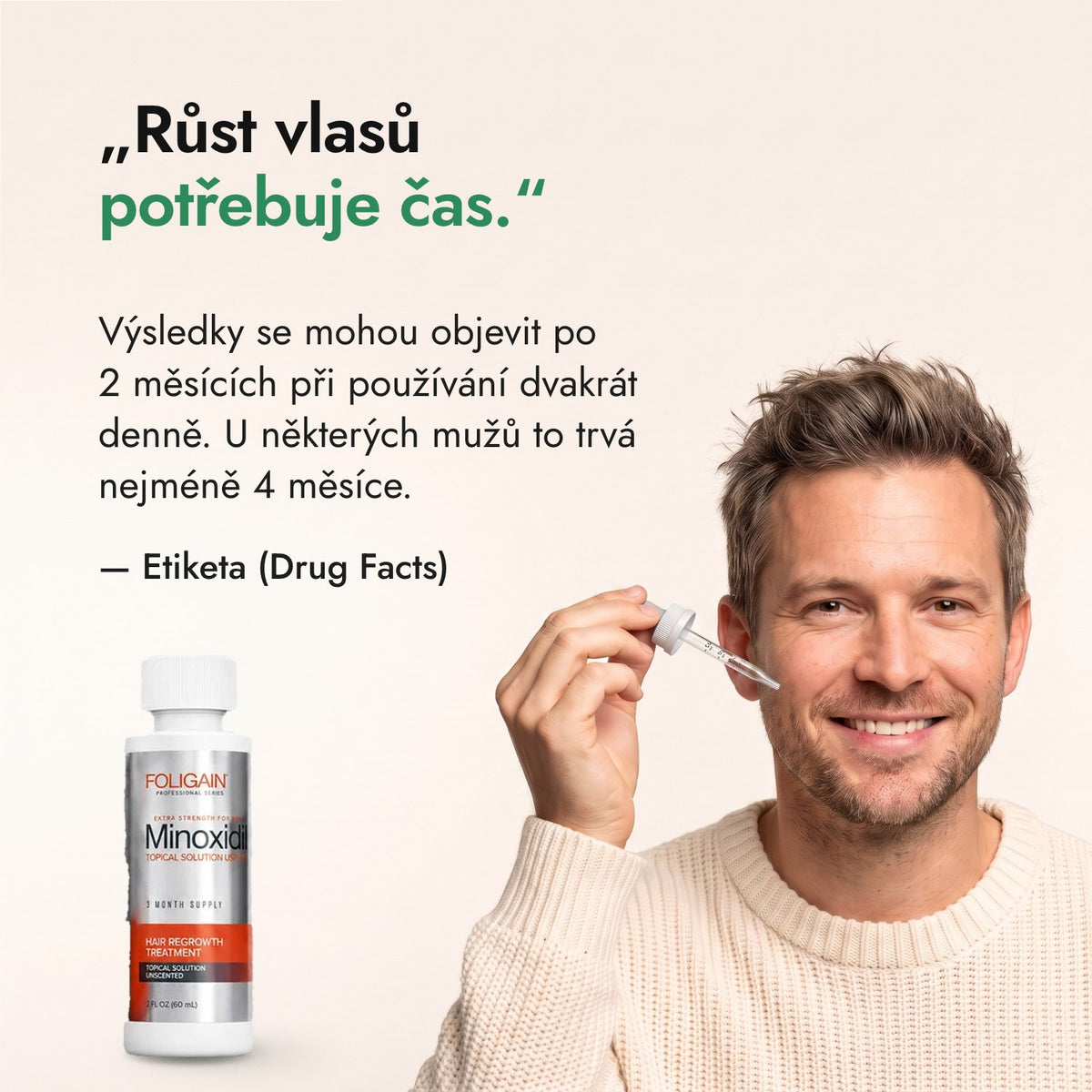 Růst vlasů potřebuje čas. — Etiketa (Drug Facts)