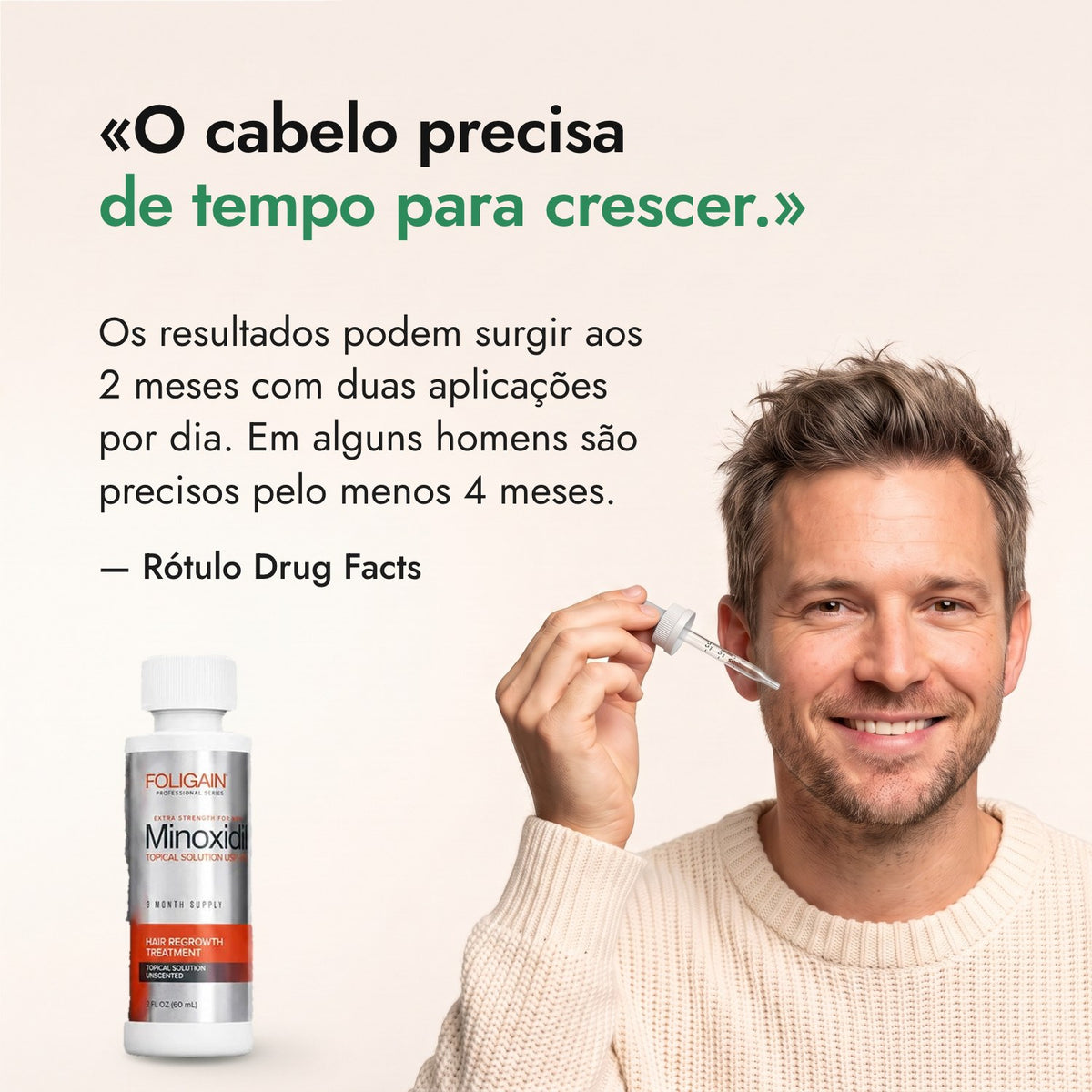 O cabelo precisa de tempo para crescer. — Rótulo Drug Facts