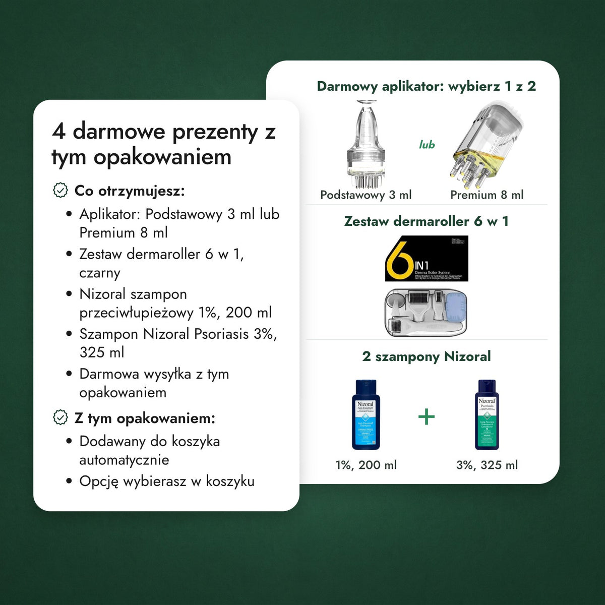 3 darmowe prezenty z tym opakowaniem: Darmowy aplikator: wybierz 1 z 2, Zestaw dermaroller 6 w 1, 2 szampony Nizoral