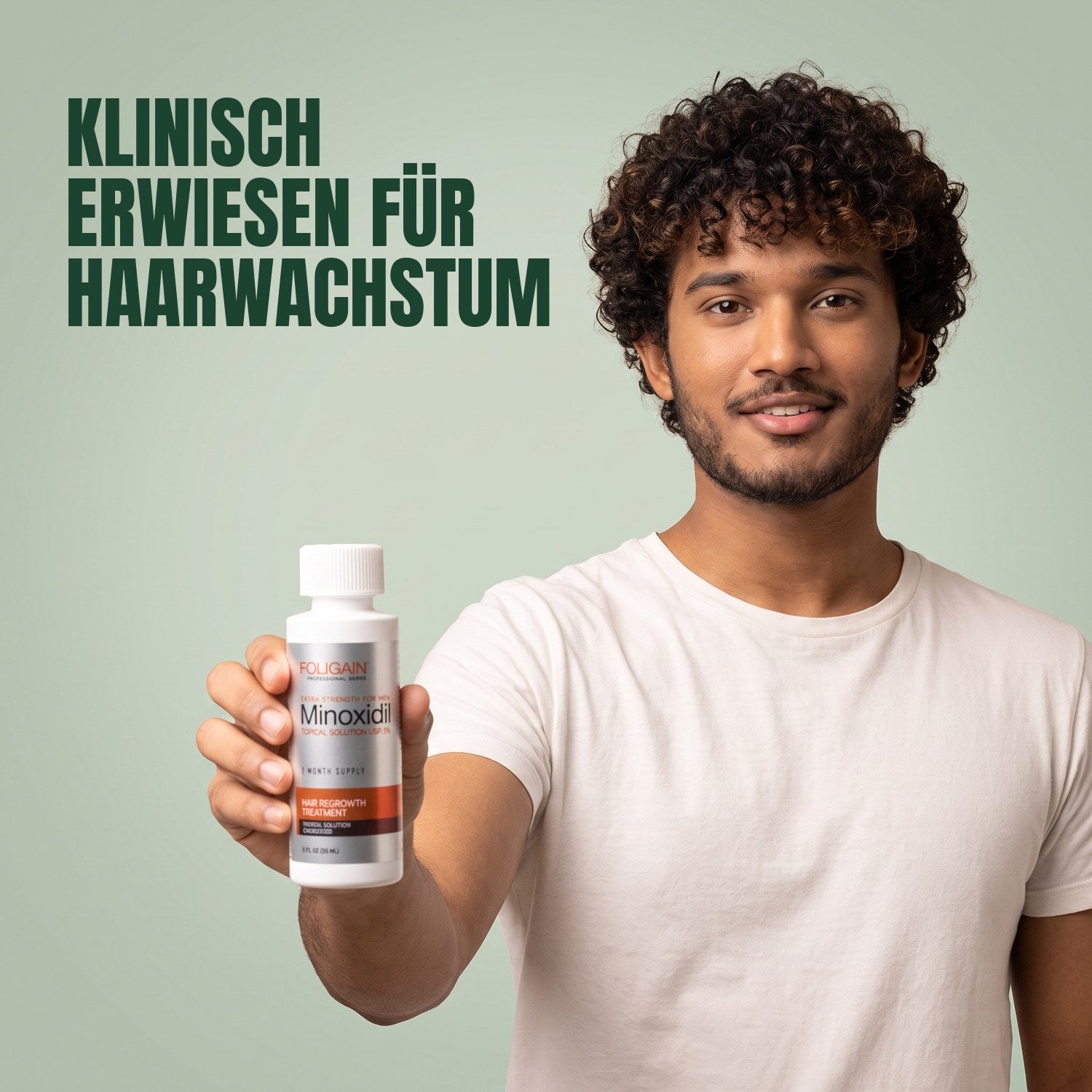 Man holding a Foligain Minoxidil 5% lotion bottle for men against a green background