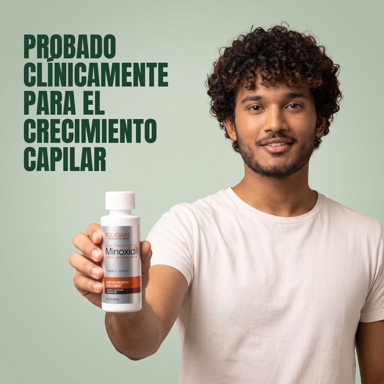 Man holding a Foligain Minoxidil 5% lotion bottle for men against a green background