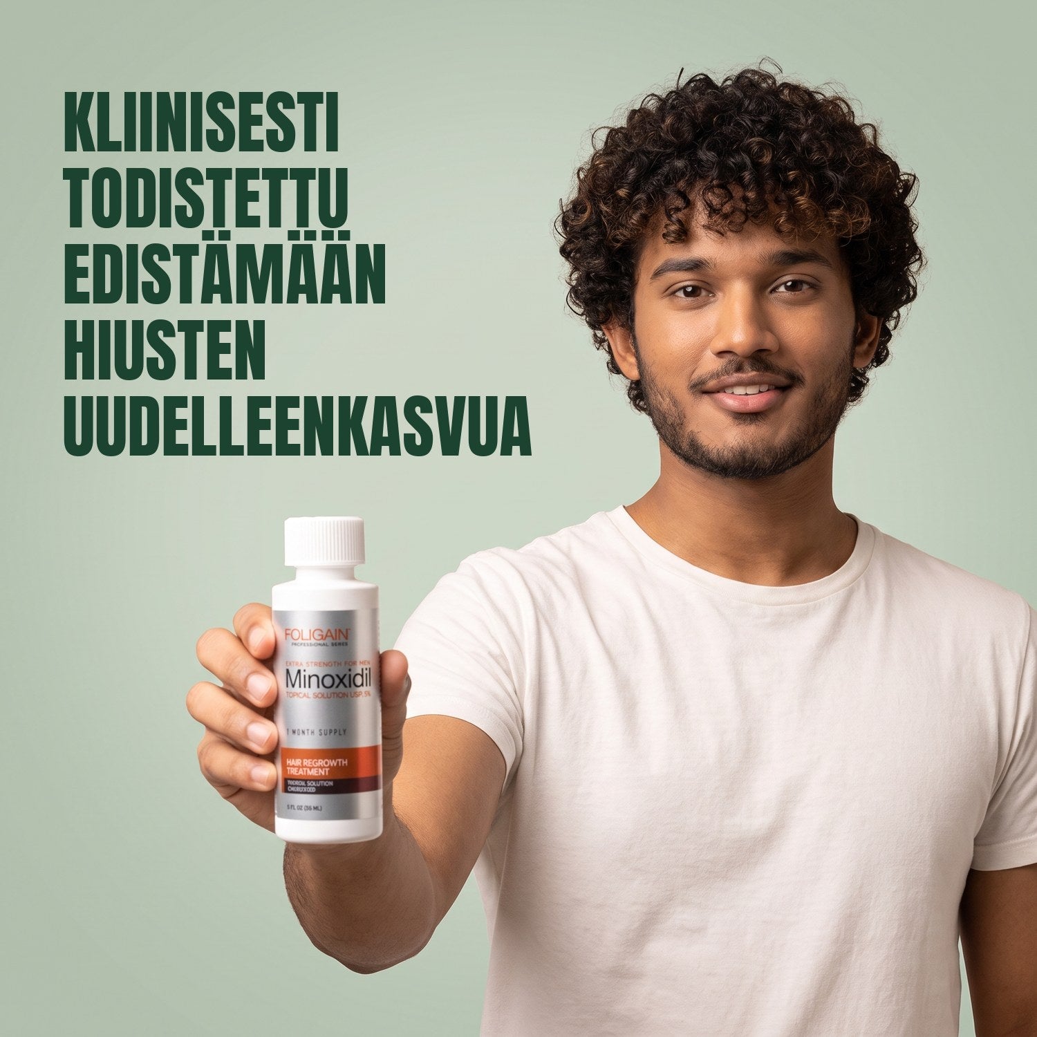 Mies pitelee Foligain Minoxidil 5% -liuospulloa miehille vihreää taustaa vasten