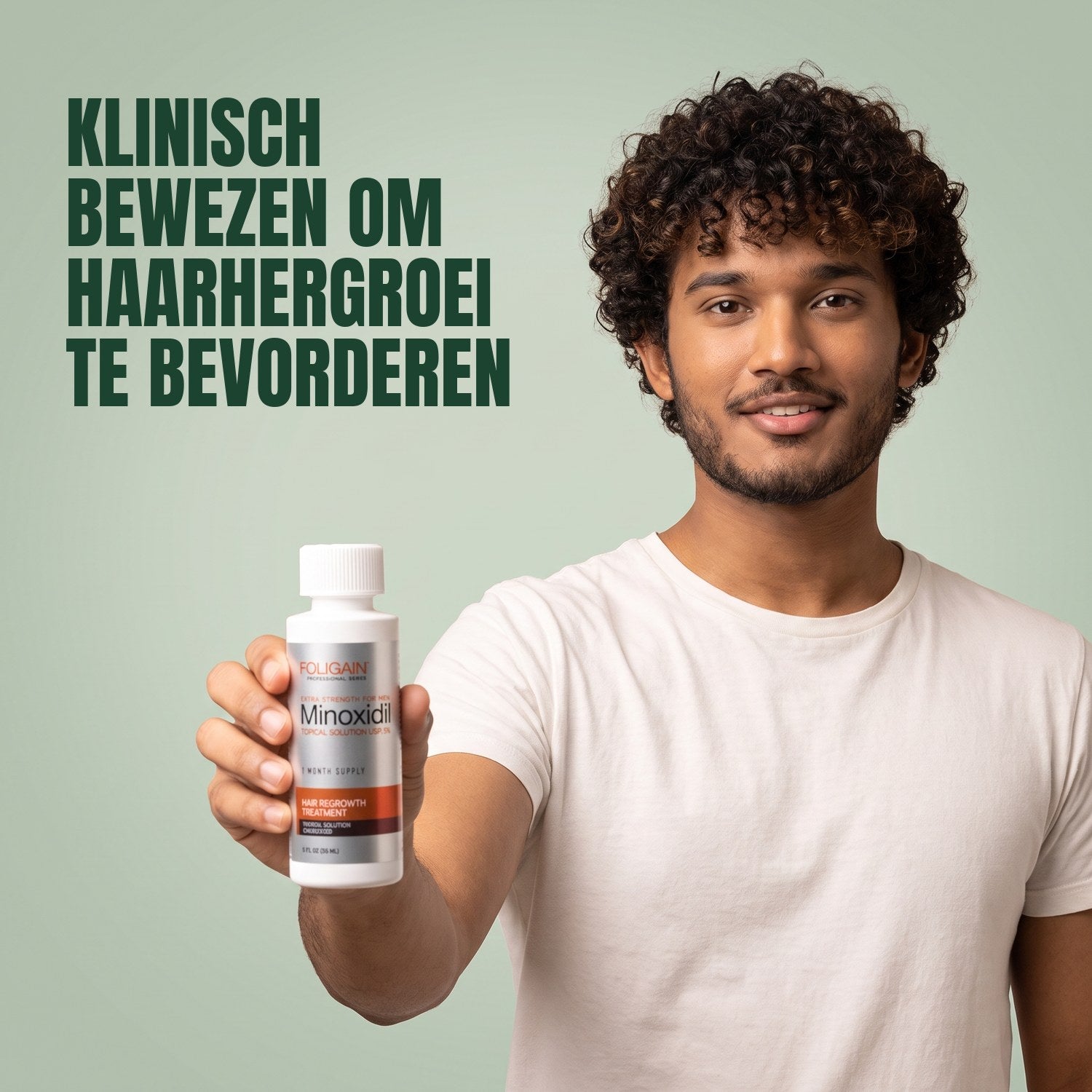 Man holding a Foligain Minoxidil 5% lotion bottle for men against a green background