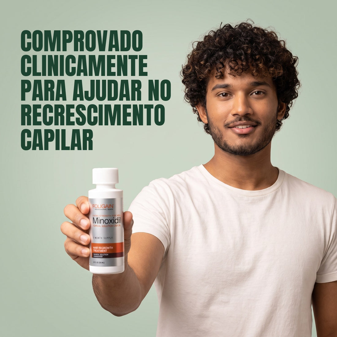 Loção Capilar Foligain Minoxidil 5% para Homens, caixa com suprimento para 3 meses, três frascos de 60 ml e conta-gotas