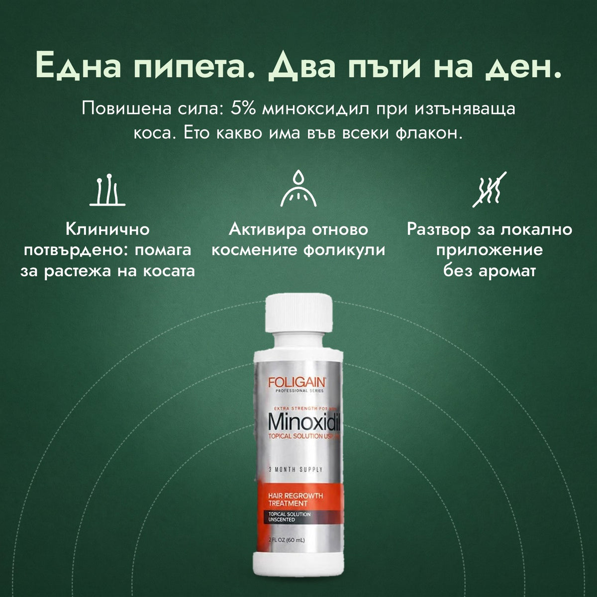 Foligain миноксидил 5% за мъже: Една пипета. Два пъти на ден. Клинично потвърдено: помага за растежа на косата, Активира отново космените фоликули, Разтвор за локално приложение без аромат