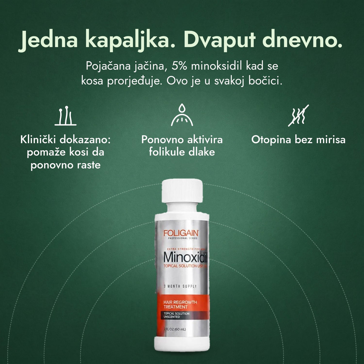 Foligain Minoxidil 5% za muškarce: Jedna kapaljka. Dvaput dnevno. Klinički dokazano: pomaže kosi da ponovno raste, Ponovno aktivira folikule dlake, Otopina bez mirisa