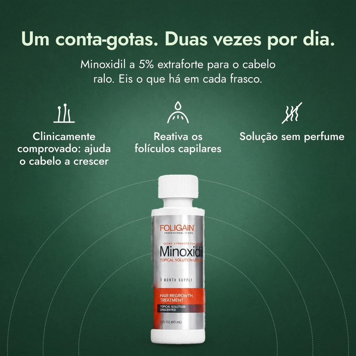 Foligain Minoxidil 5% para Homem: Um conta-gotas. Duas vezes por dia. Clinicamente comprovado: ajuda o cabelo a crescer, Reativa os folículos capilares, Solução sem perfume