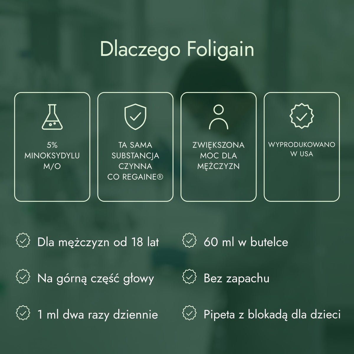 Dlaczego Foligain: 5% minoksydylu m/o, Ta sama substancja czynna co Regaine®, Zwiększona moc dla mężczyzn, Wyprodukowano w USA