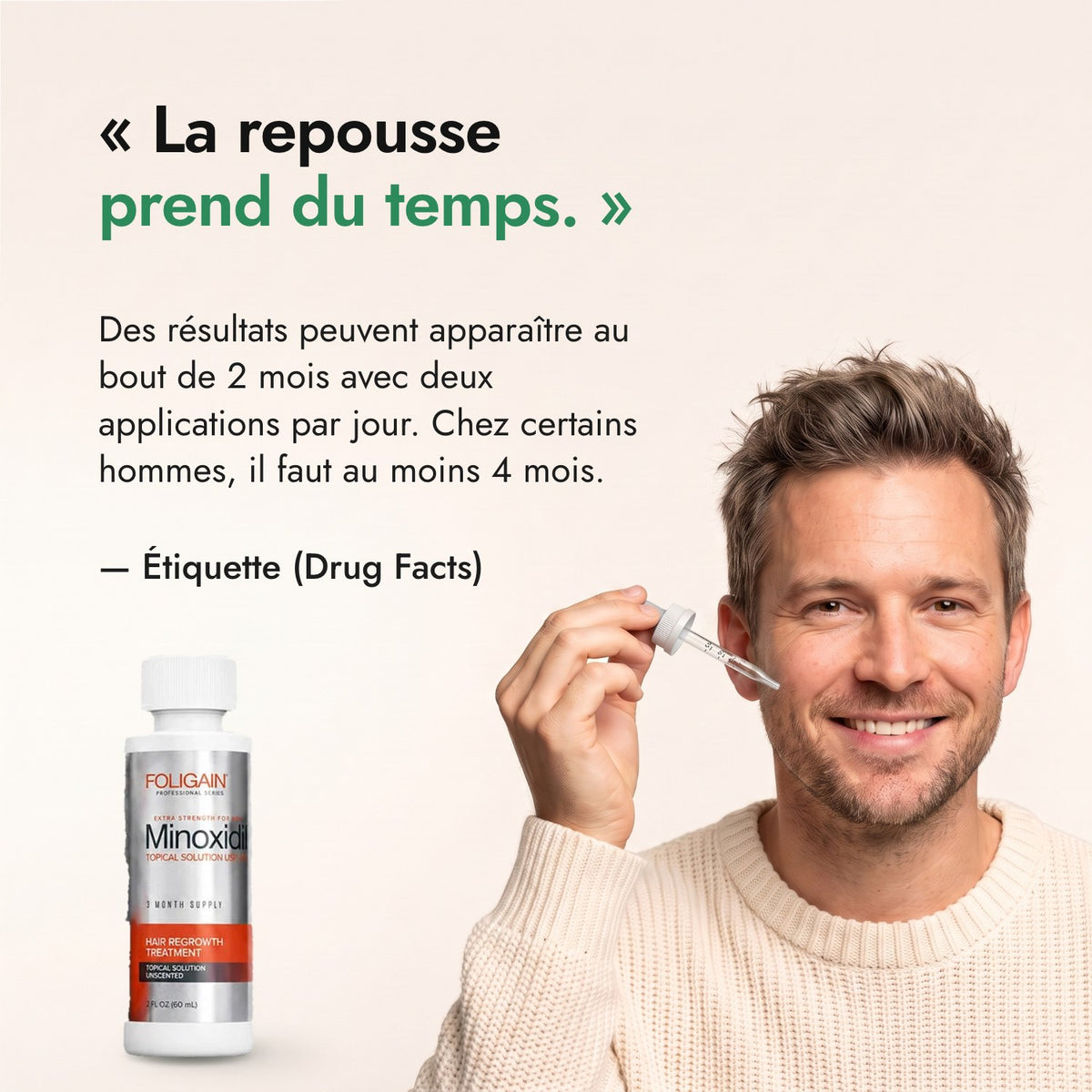 La repousse prend du temps. — Étiquette (Drug Facts)
