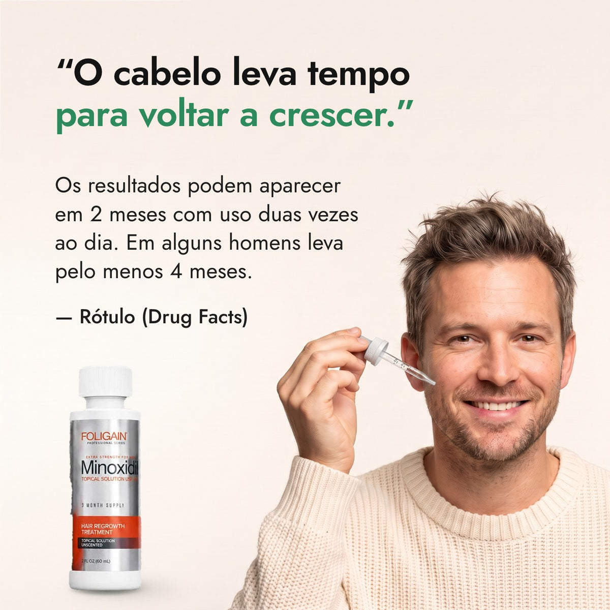O cabelo leva tempo para voltar a crescer. — Rótulo (Drug Facts)