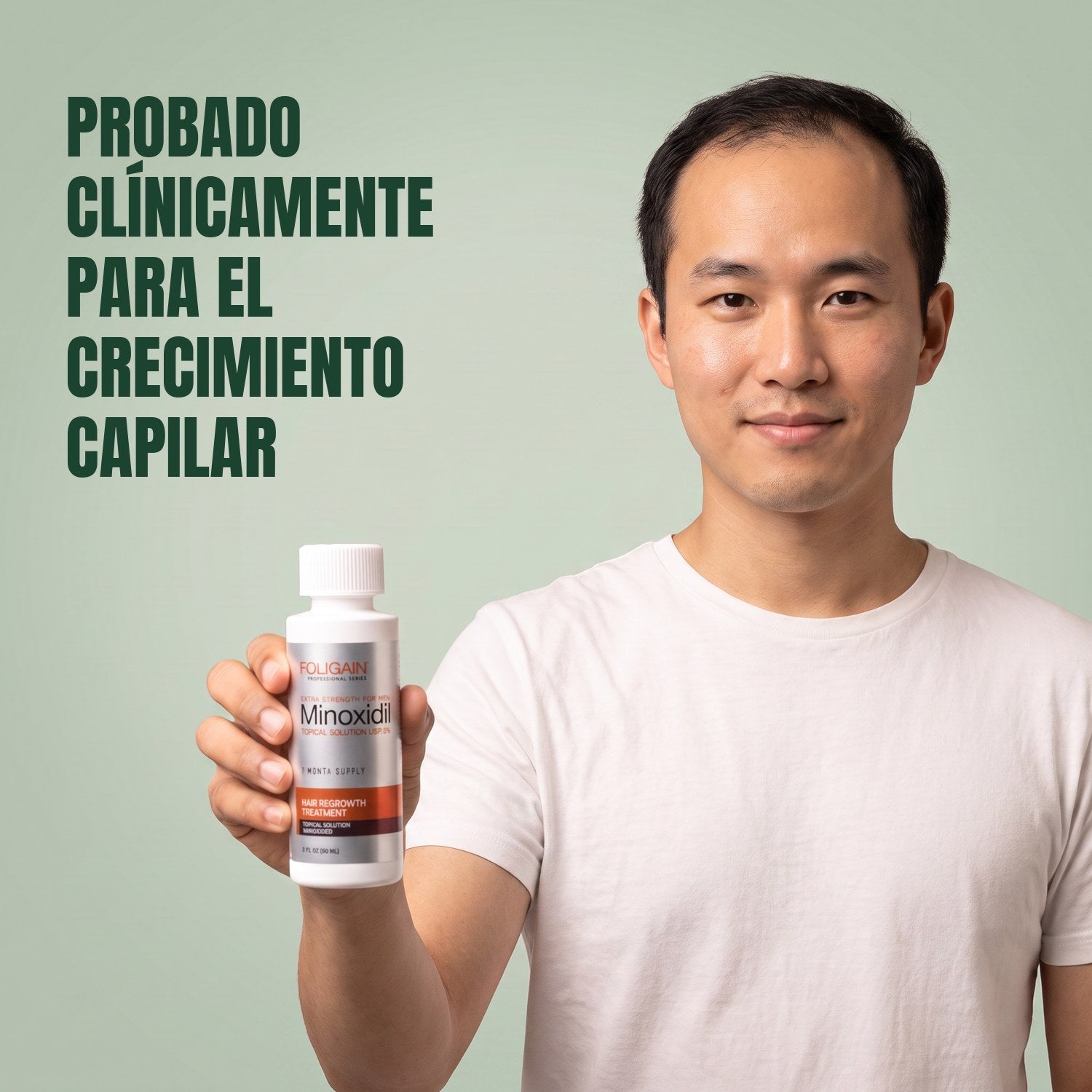Man holding the Foligain Minoxidil 5% lotion bottle for men against a green background