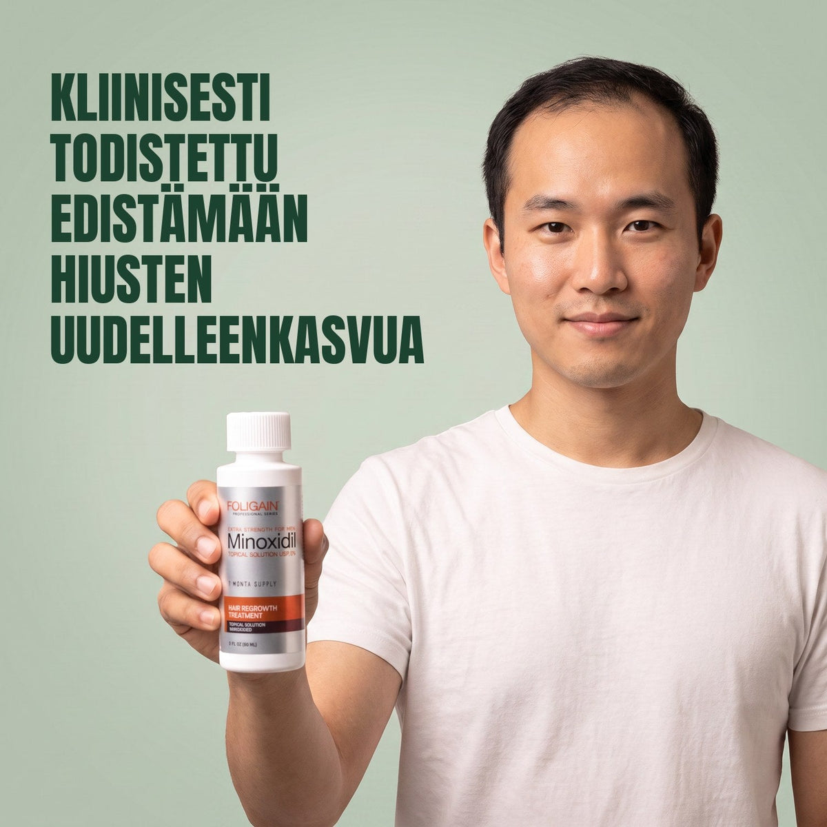 Man holding the Foligain Minoxidil 5% lotion bottle for men against a green background