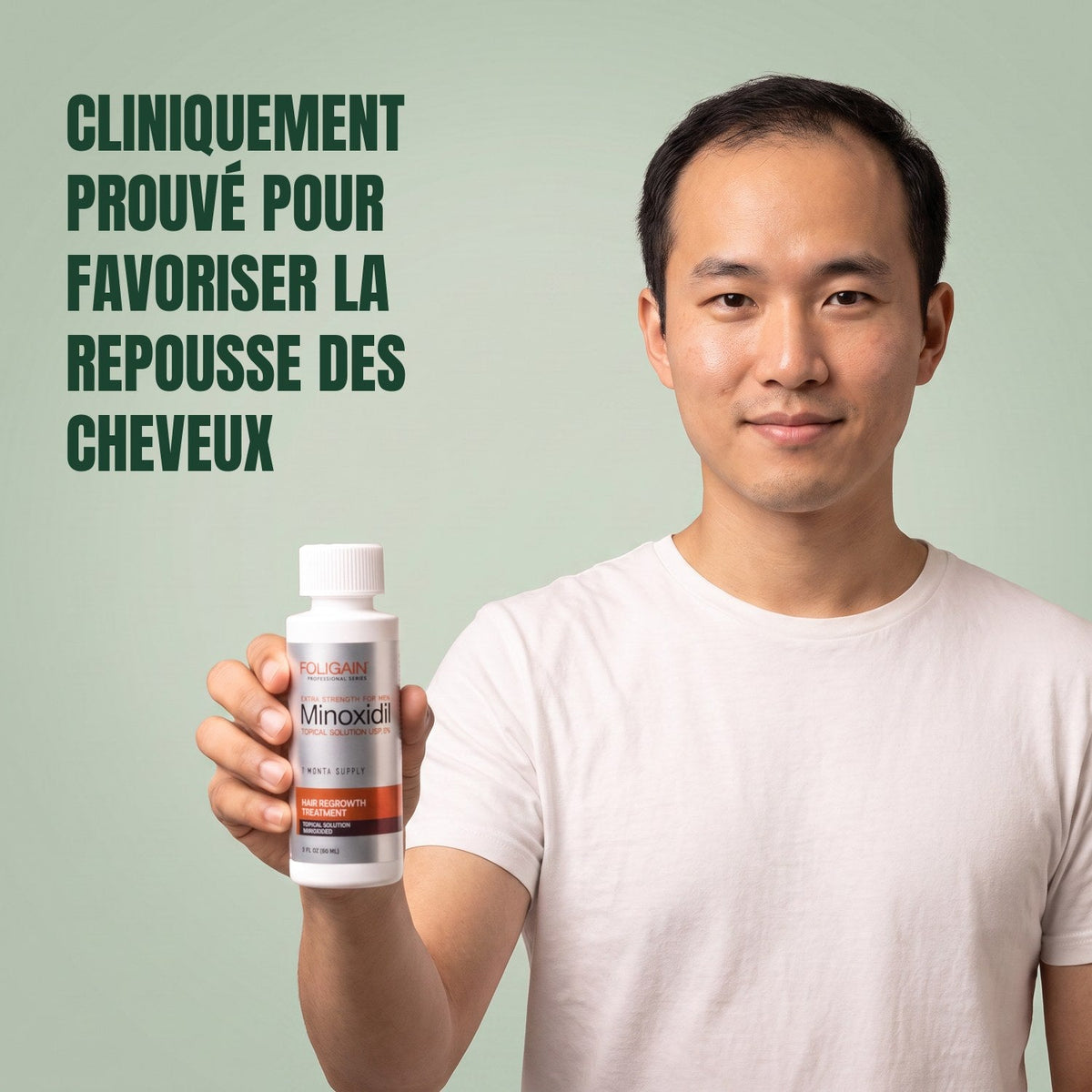 Man holding the Foligain Minoxidil 5% lotion bottle for men against a green background