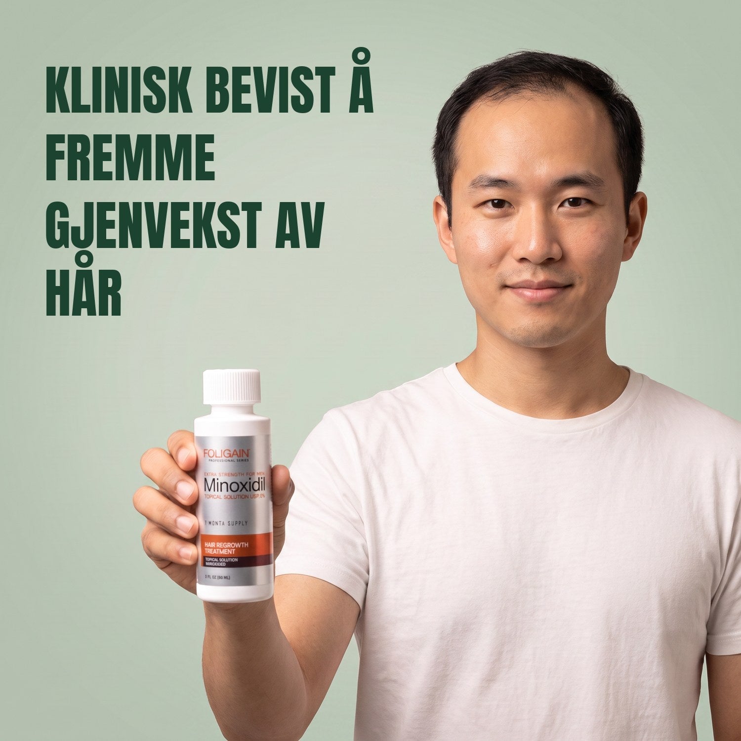 Man holding the Foligain Minoxidil 5% lotion bottle for men against a green background