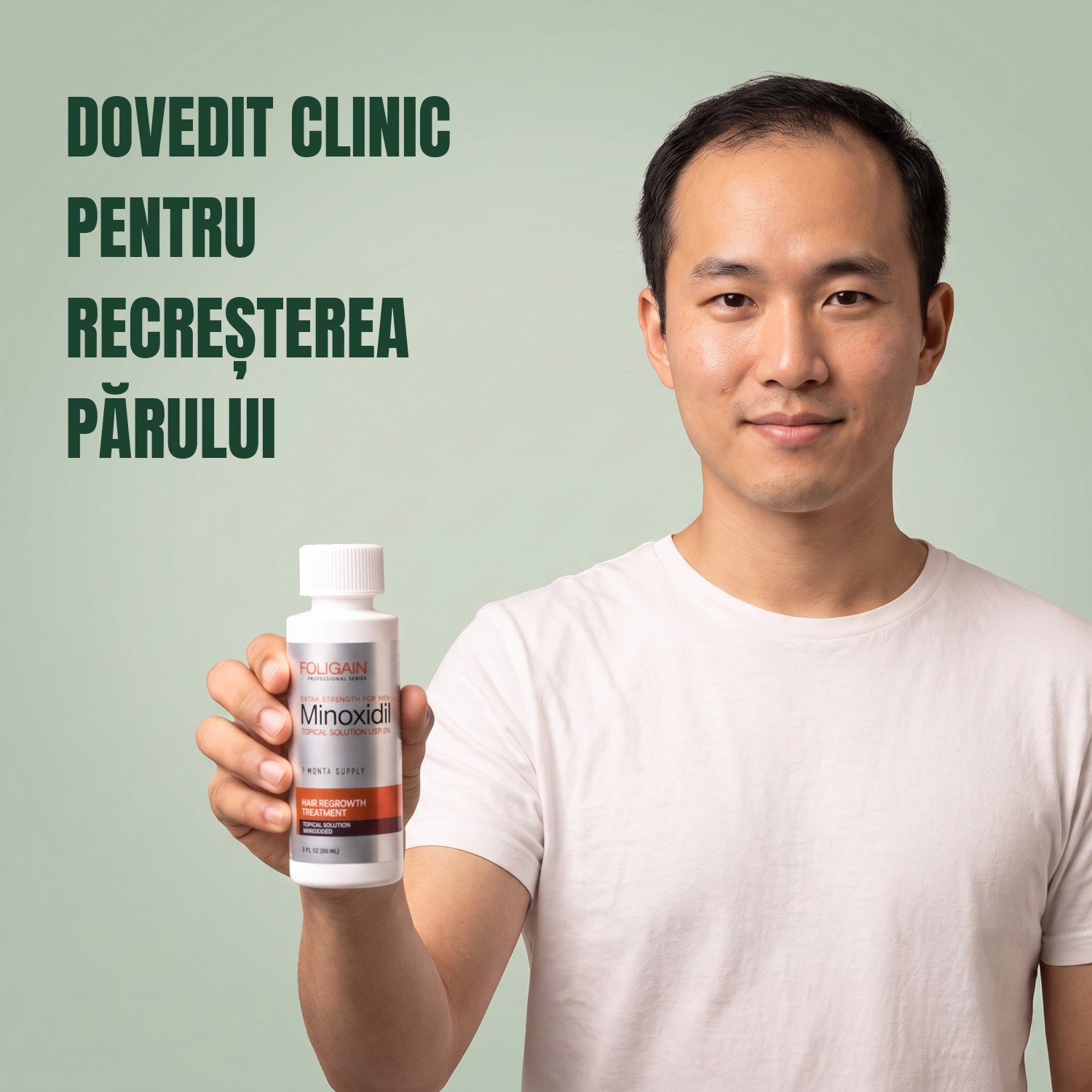 Bărbat ținând în mână flaconul de loțiune Foligain Minoxidil 5% pentru bărbați, pe fundal verde