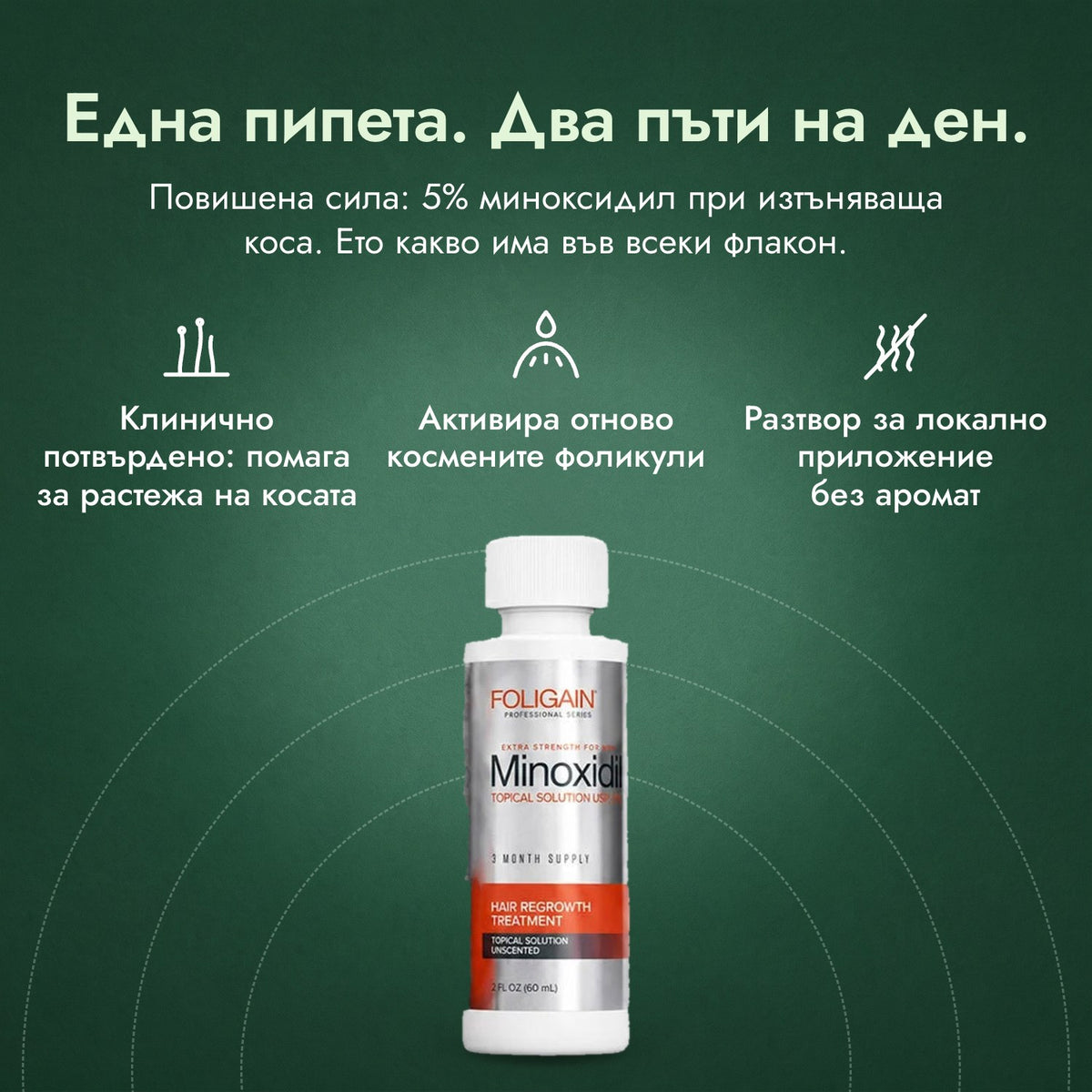 Foligain миноксидил 5% за мъже: Една пипета. Два пъти на ден. Клинично потвърдено: помага за растежа на косата, Активира отново космените фоликули, Разтвор за локално приложение без аромат