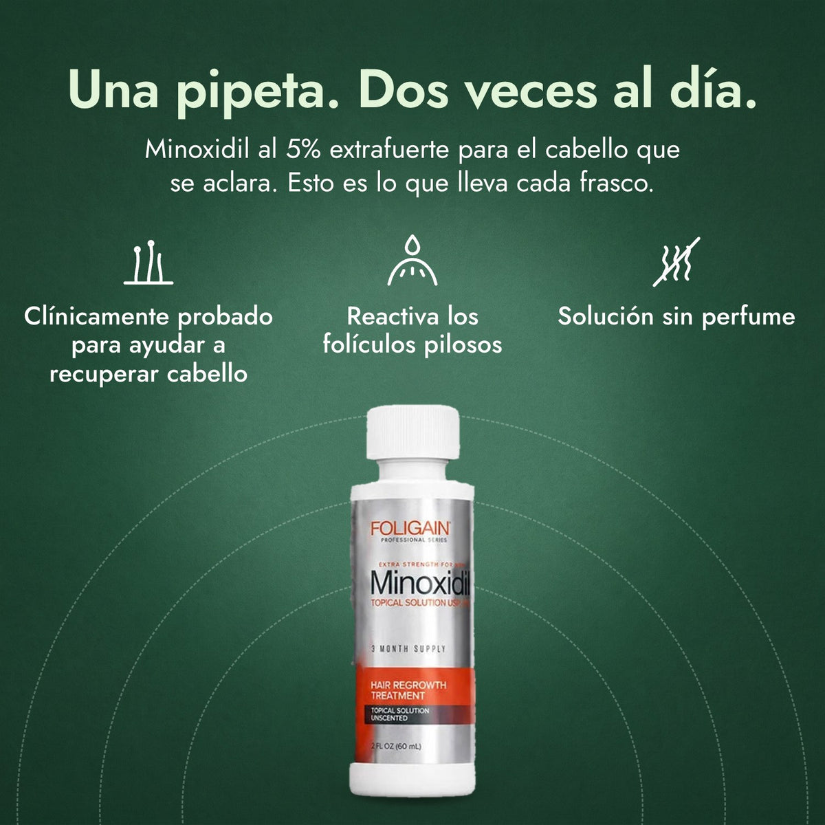 Foligain Minoxidil 5% para Hombres: Una pipeta. Dos veces al día. Clínicamente probado para ayudar a recuperar cabello, Reactiva los folículos pilosos, Solución sin perfume