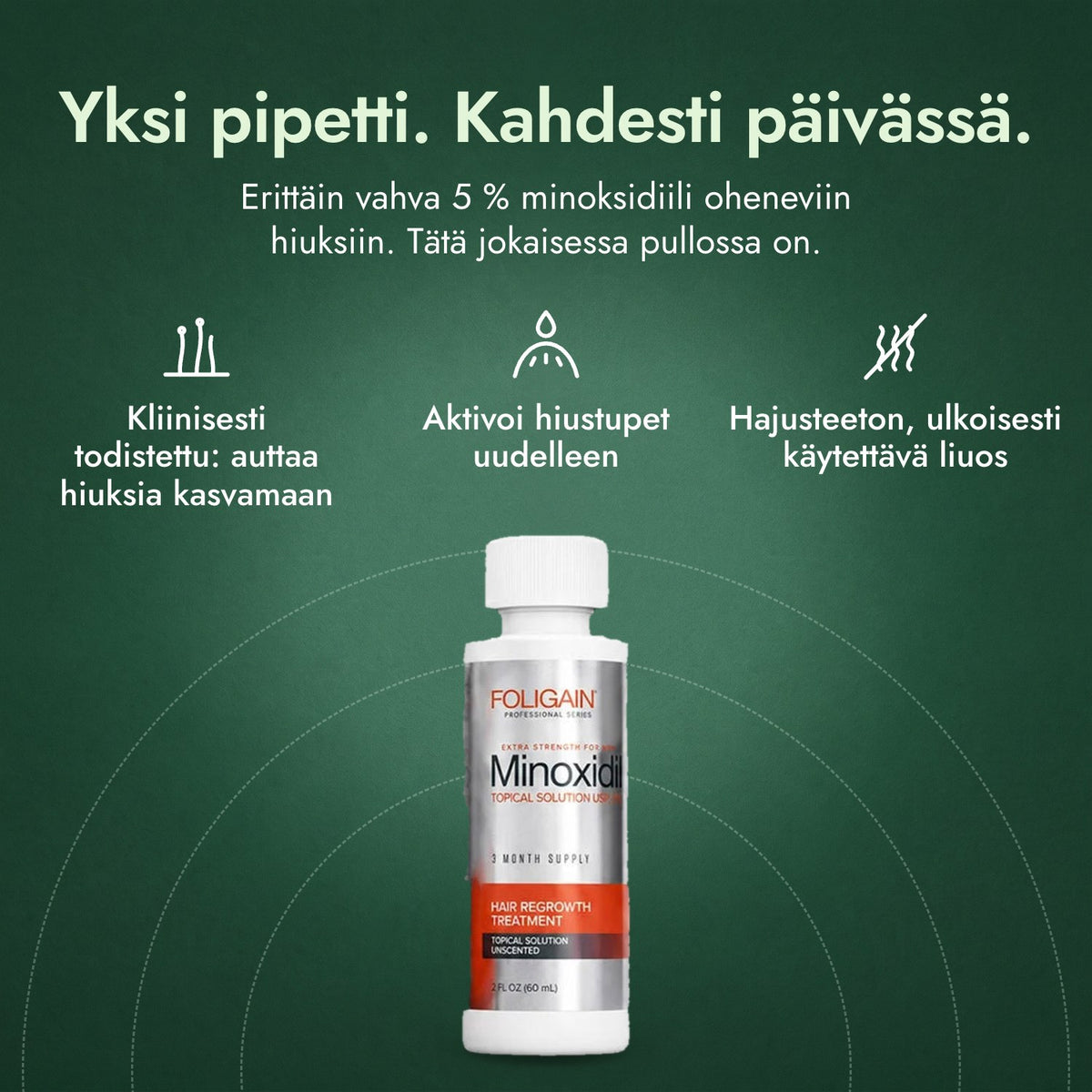 Foligain minoksidiili 5 % miehille: Yksi pipetti. Kahdesti päivässä. Kliinisesti todistettu: auttaa hiuksia kasvamaan, Aktivoi hiustupet uudelleen, Hajusteeton, ulkoisesti käytettävä liuos