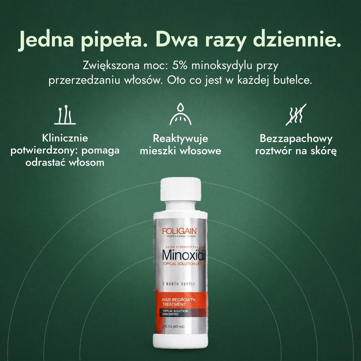 Foligain minoksydyl 5% dla mężczyzn: Jedna pipeta. Dwa razy dziennie. Klinicznie potwierdzony: pomaga odrastać włosom, Reaktywuje mieszki włosowe, Bezzapachowy roztwór na skórę