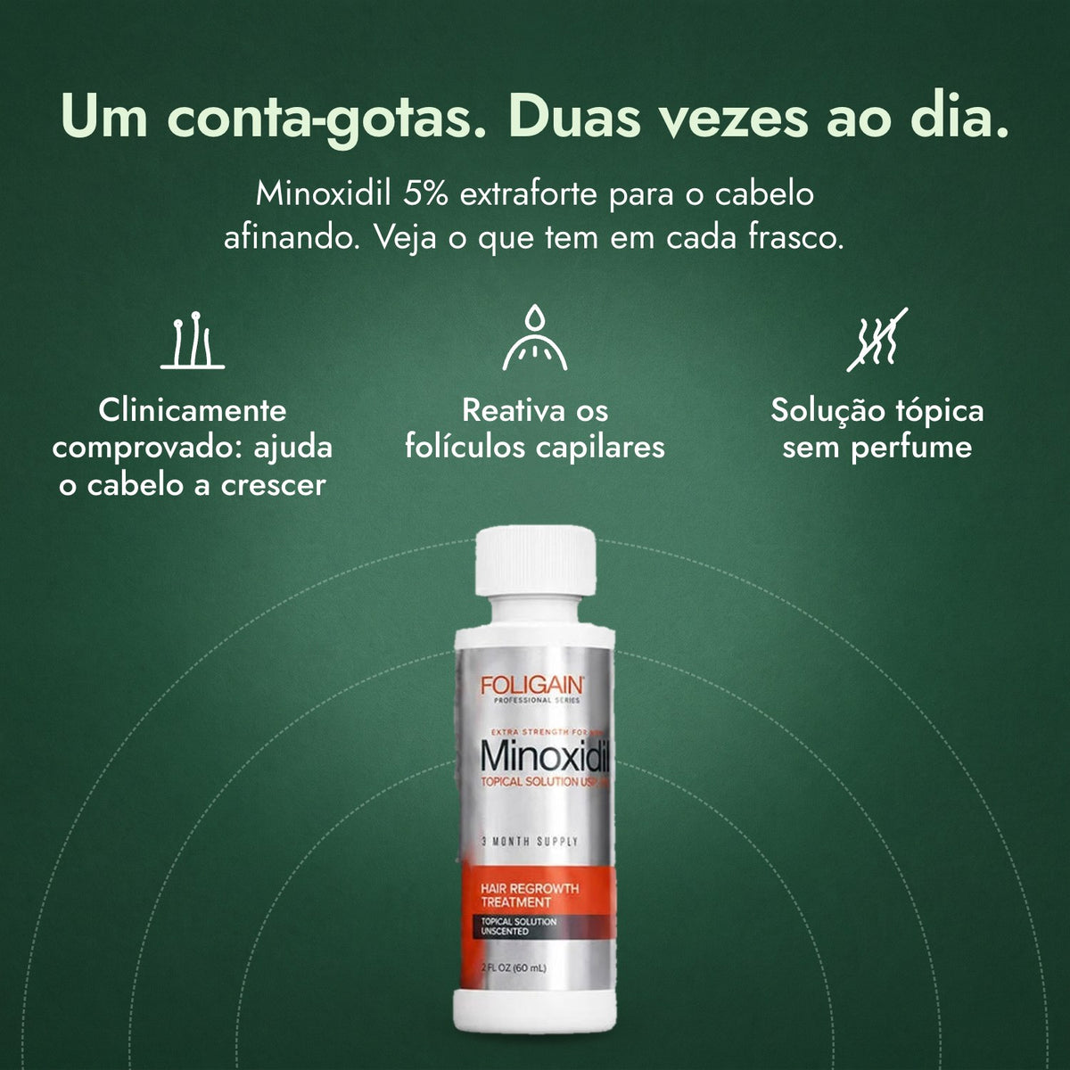 Foligain Minoxidil 5% para Homens: Um conta-gotas. Duas vezes ao dia. Clinicamente comprovado: ajuda o cabelo a crescer, Reativa os folículos capilares, Solução tópica sem perfume