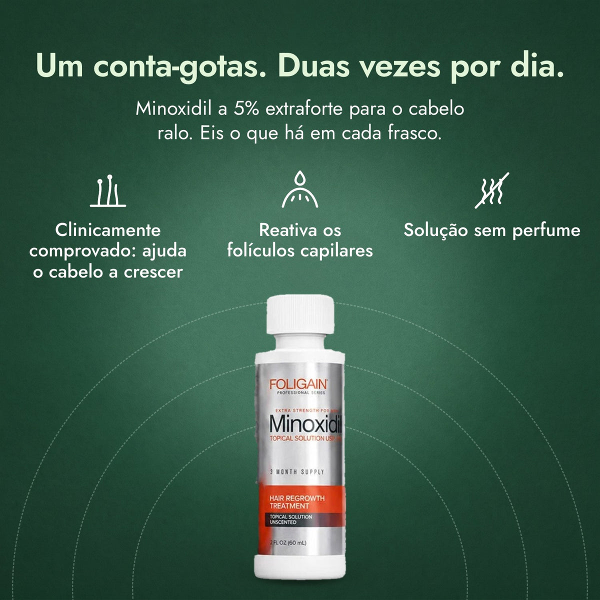 Foligain Minoxidil 5% para Homem: Um conta-gotas. Duas vezes por dia. Clinicamente comprovado: ajuda o cabelo a crescer, Reativa os folículos capilares, Solução sem perfume