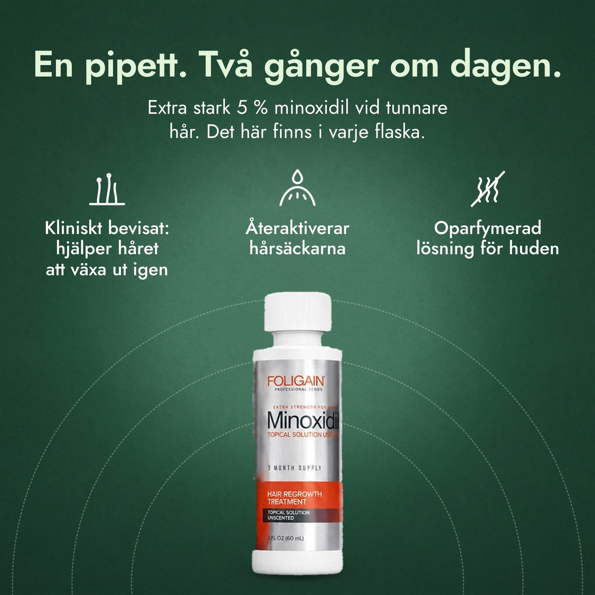 Foligain Minoxidil 5 % för män: En pipett. Två gånger om dagen. Kliniskt bevisat: hjälper håret att växa ut igen, Återaktiverar hårsäckarna, Oparfymerad lösning för huden
