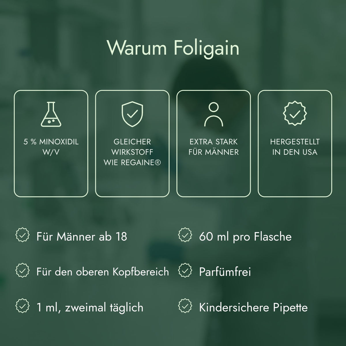 Warum Foligain: 5 % Minoxidil w/v, Gleicher Wirkstoff wie Regaine®, Extra stark für Männer, Hergestellt in den USA