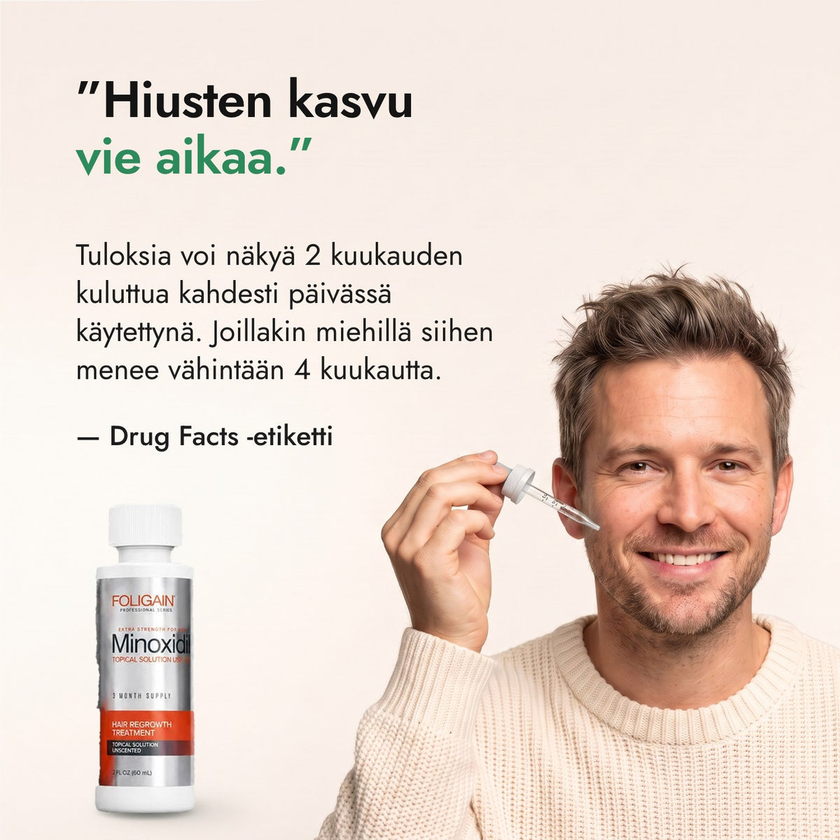 Hiusten kasvu vie aikaa. — Drug Facts -etiketti