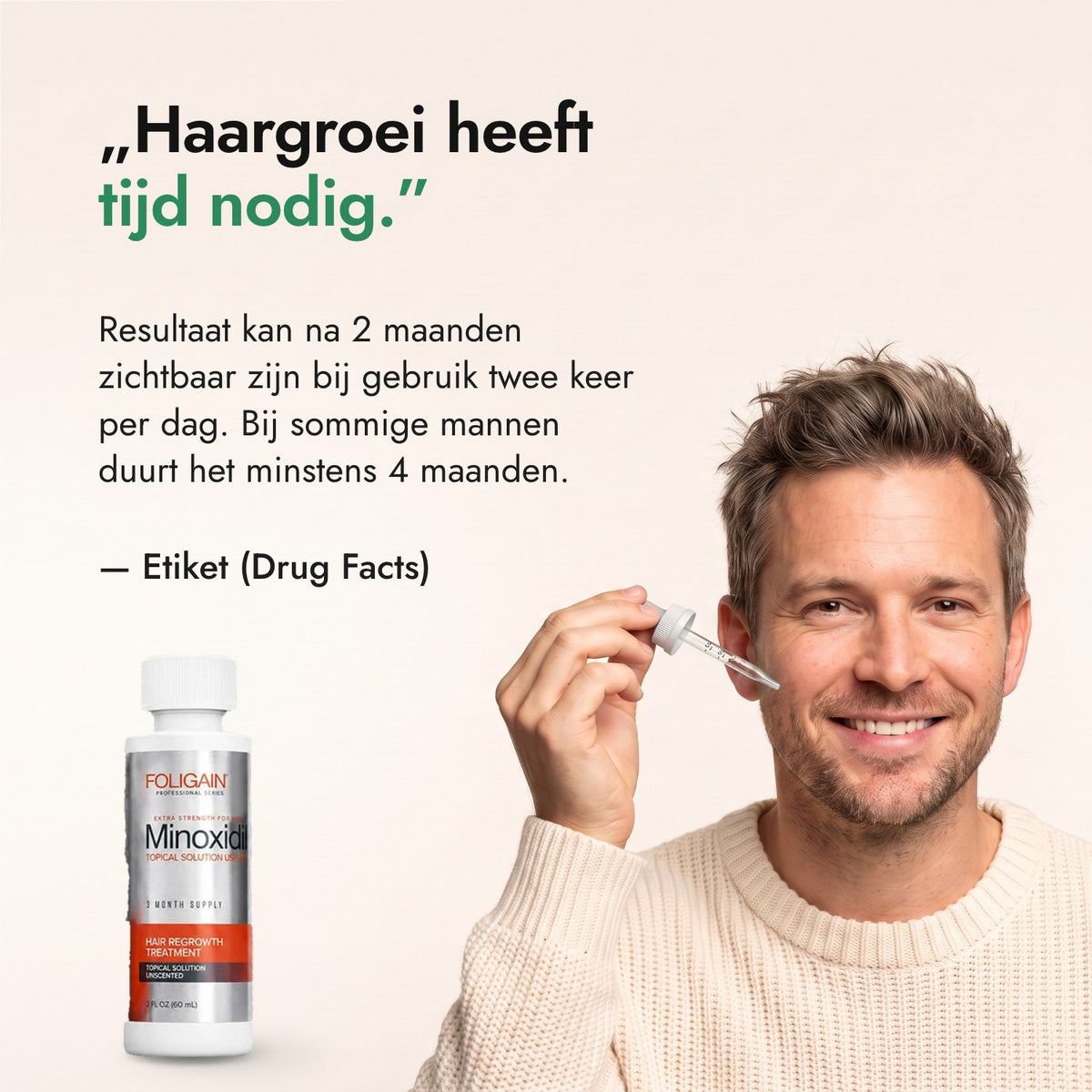Haargroei heeft tijd nodig. — Etiket (Drug Facts)