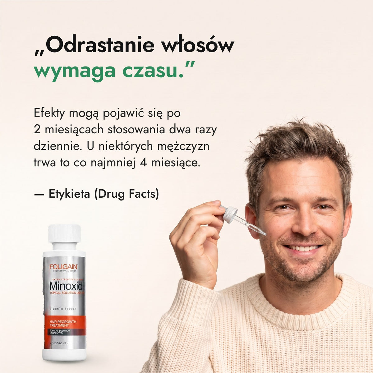 Odrastanie włosów wymaga czasu. — Etykieta (Drug Facts)