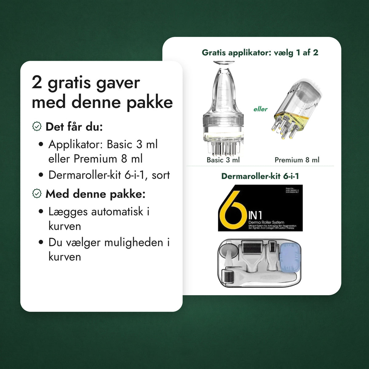 2 gratis gaver med denne pakke: Gratis applikator: vælg 1 af 2, Dermaroller-kit 6-i-1