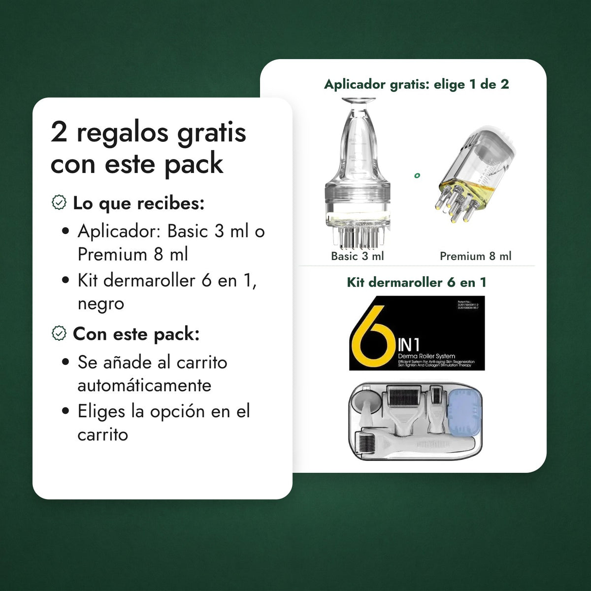 2 regalos gratis con este pack: Aplicador gratis: elige 1 de 2, Kit dermaroller 6 en 1