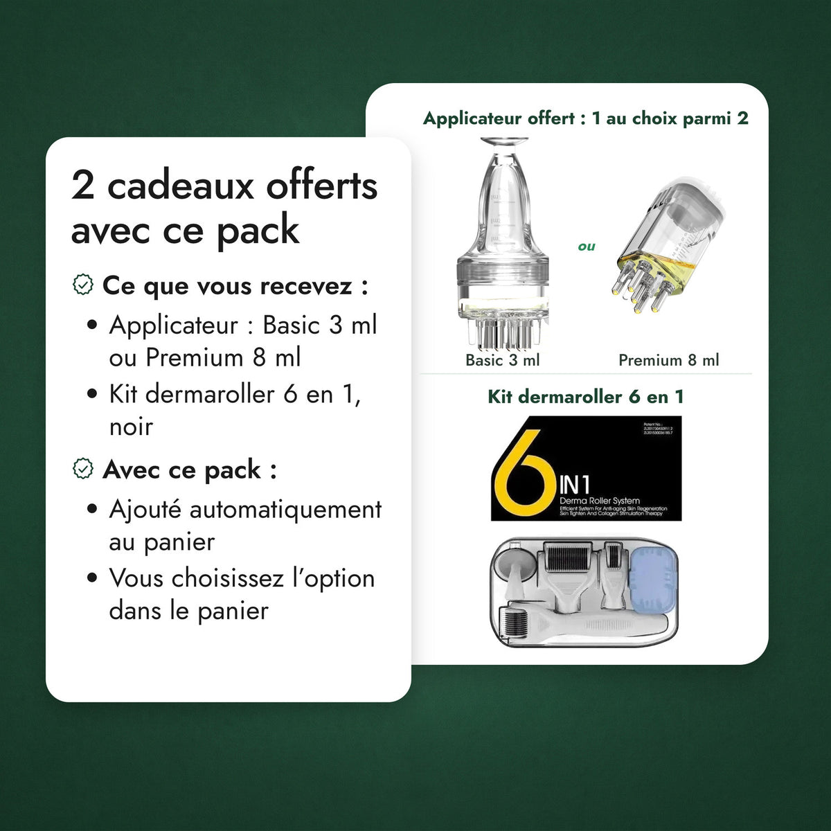 2 cadeaux offerts avec ce pack: Applicateur offert : 1 au choix parmi 2, Kit dermaroller 6 en 1