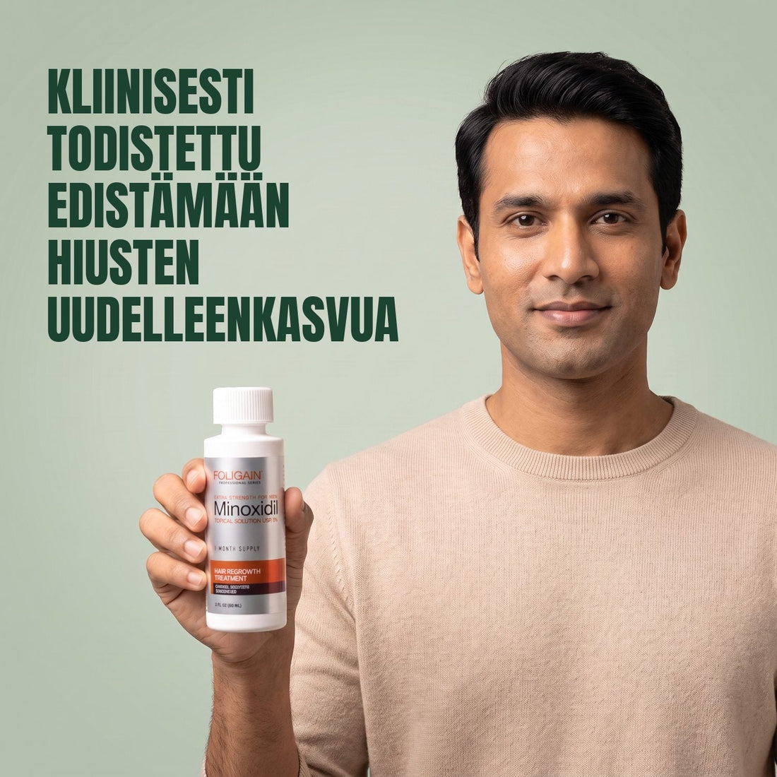 Foligain Minoxidil -liuos 5% miehille - 9 kuukauden pakkaus — tuotepakkaus valkoisella taustalla