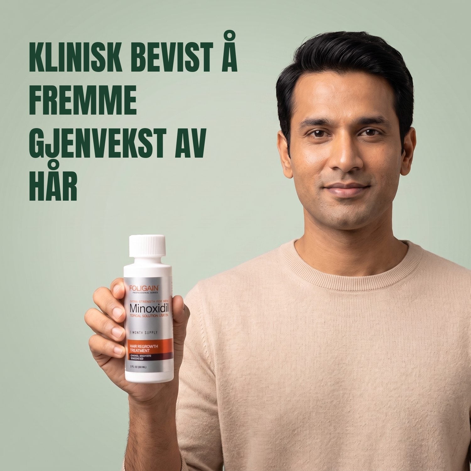 Man holding the Foligain Minoxidil 5% lotion bottle for men against a green background