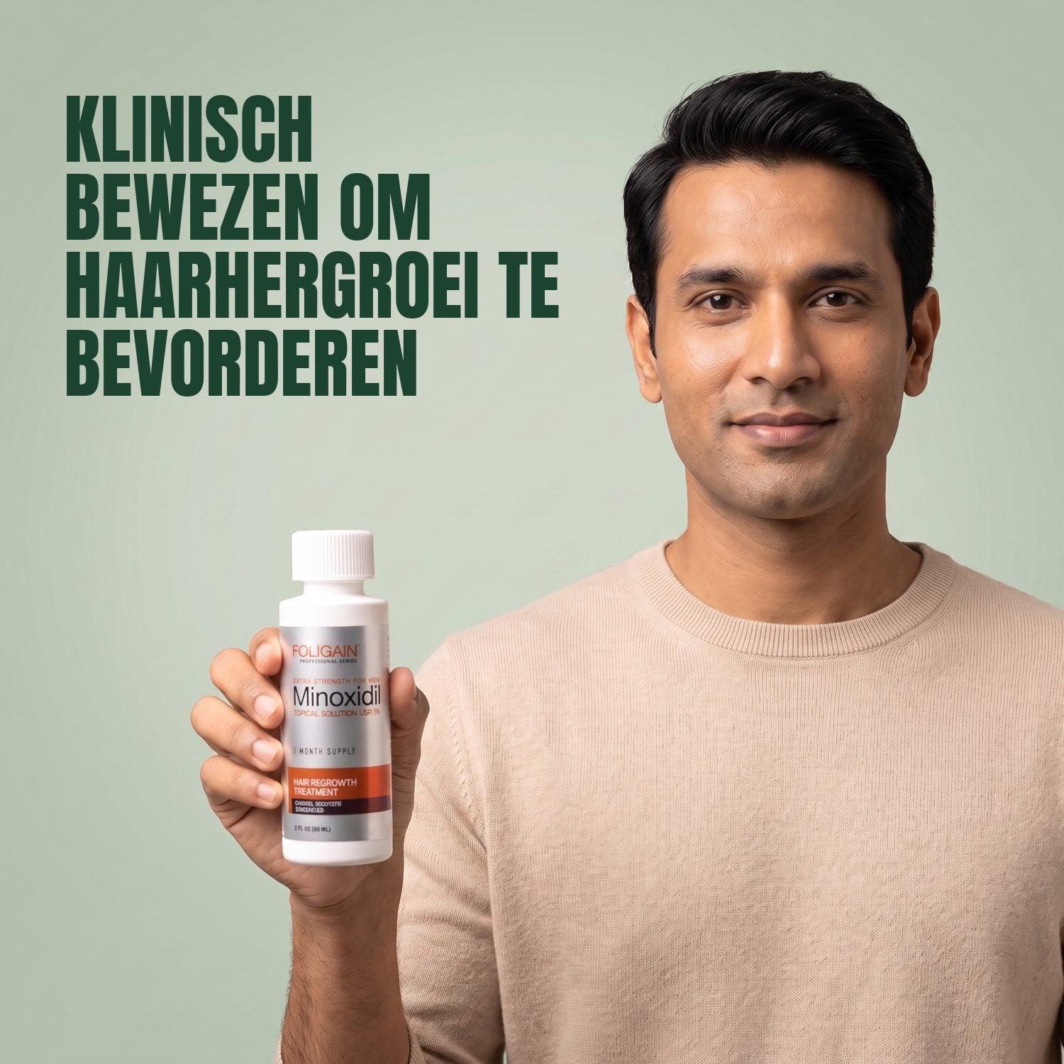 Man holding the Foligain Minoxidil 5% lotion bottle for men against a green background
