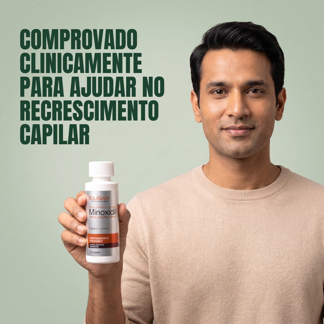 Loção Capilar Foligain Minoxidil 5% para Homens - Suprimento para 9 Meses — embalagem do produto em fundo branco