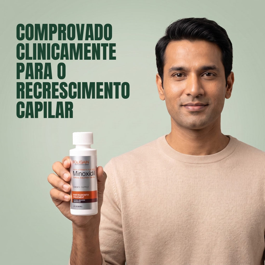 Loção Capilar Foligain Minoxidil 5% para Homens - Suprimento para 9 Meses — embalagem do produto em fundo branco